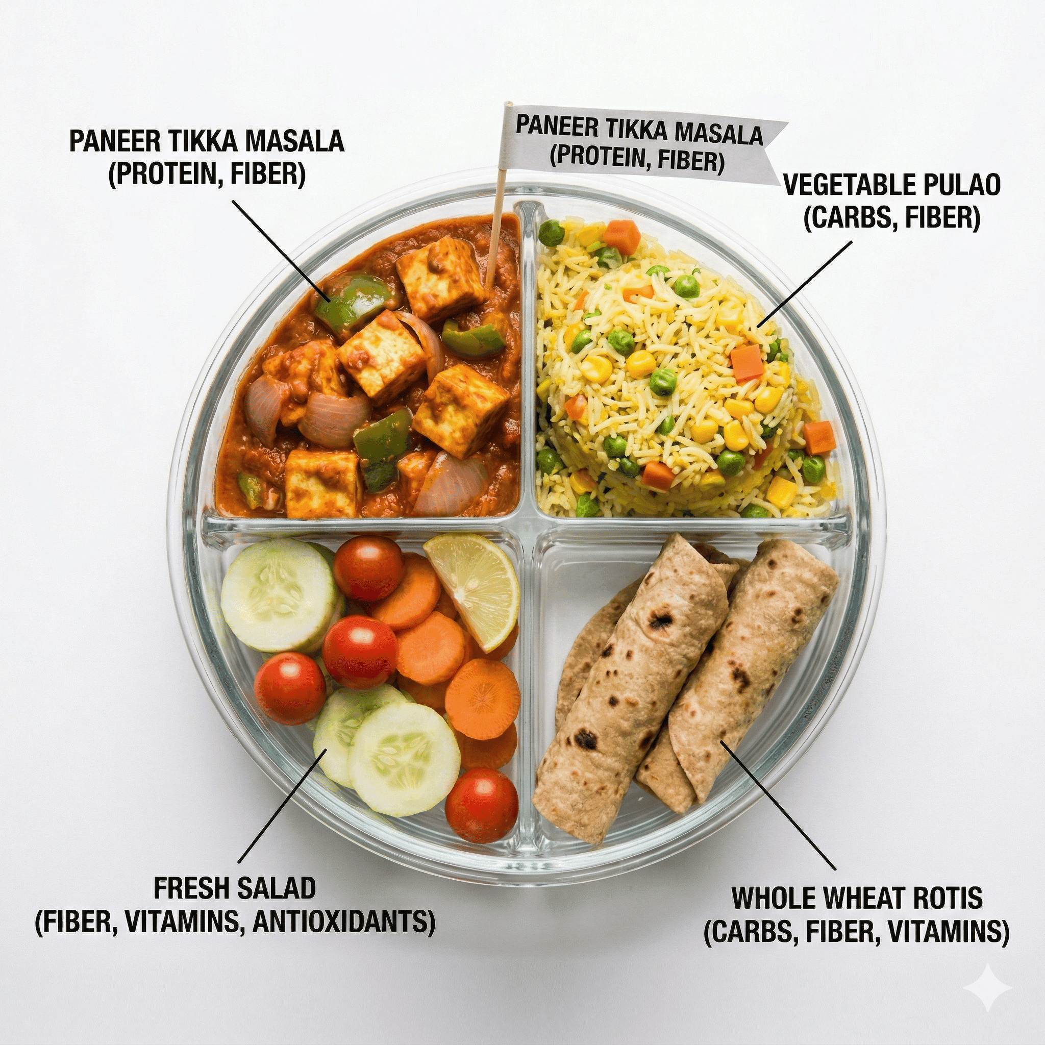Nutritious divided lunch box with paneer curry, roti, fresh vegetables and fruits
